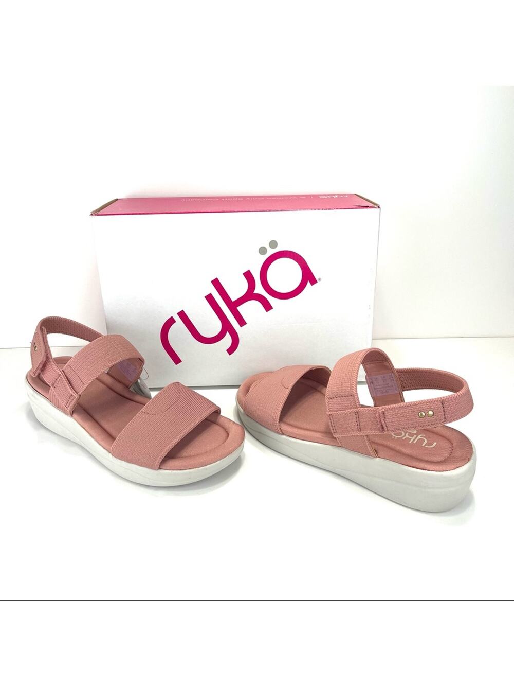 Ryka Azara Knit Sandal Size 8.5 Rose/Tan Platform Wedge Lightweight Open Toe New